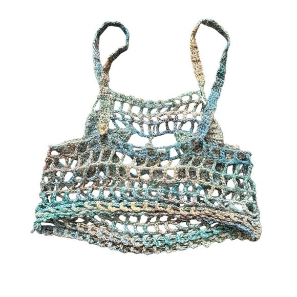 Crochet Knit Star Pattern Crop Tank Top Swim Cover Multicolor Blue Yelllow - Picture 2 of 3